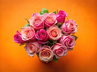 Obraz premium Tilt-shift photography showcases a miniature pink rose bouquet against a vibrant orange backdrop, leaving ample space for text.