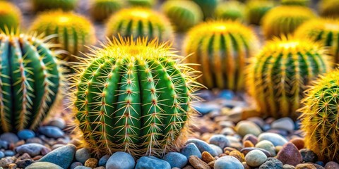 Fototapeta premium Tiny cacti, vibrant yellow spines gleaming, nestled amongst desert pebbles.
