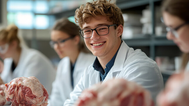 A smiling male student in a white lab coat is holding an animal anatomy model while sitting with other students,