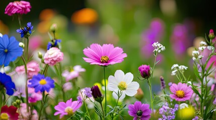Vibrant Garden Full of Colorful Flowers Blooming in Spring Sunshine