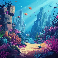 A vibrant underwater scene showcasing marine life and ruins