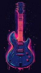 A colorful neon electric guitar glows against a dark backdrop