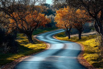 Obraz premium Autumnal Winding Road Through Colorful Trees