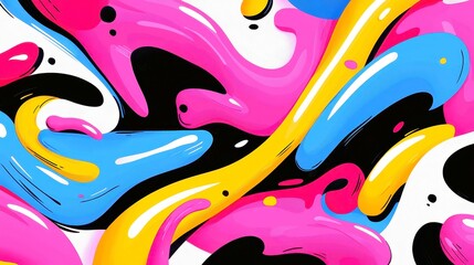 Obraz premium Bebop Vibes, dynamic abstract flow of interwoven shapes, vibrant mid-century colors, bold black outlines, clean geometric style, cool neon-lit palette reminiscent of pop art.