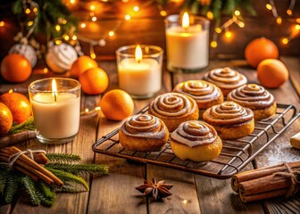 Warm candlelight illuminates vintage kitchen; cinnamon rolls, gingerbread, and tangerines create cozy comfort.