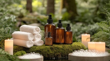 A serene spa setting with a bottle of amber-colored soap, lit candles, and a rolled towel on a moss-covered rock.