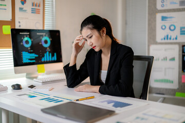 Young professional suffering from work-related stress and burnout while reviewing marketing data on...