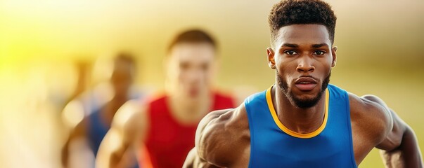 running track runners team, Athletes racing towards victory in a vibrant outdoor setting.