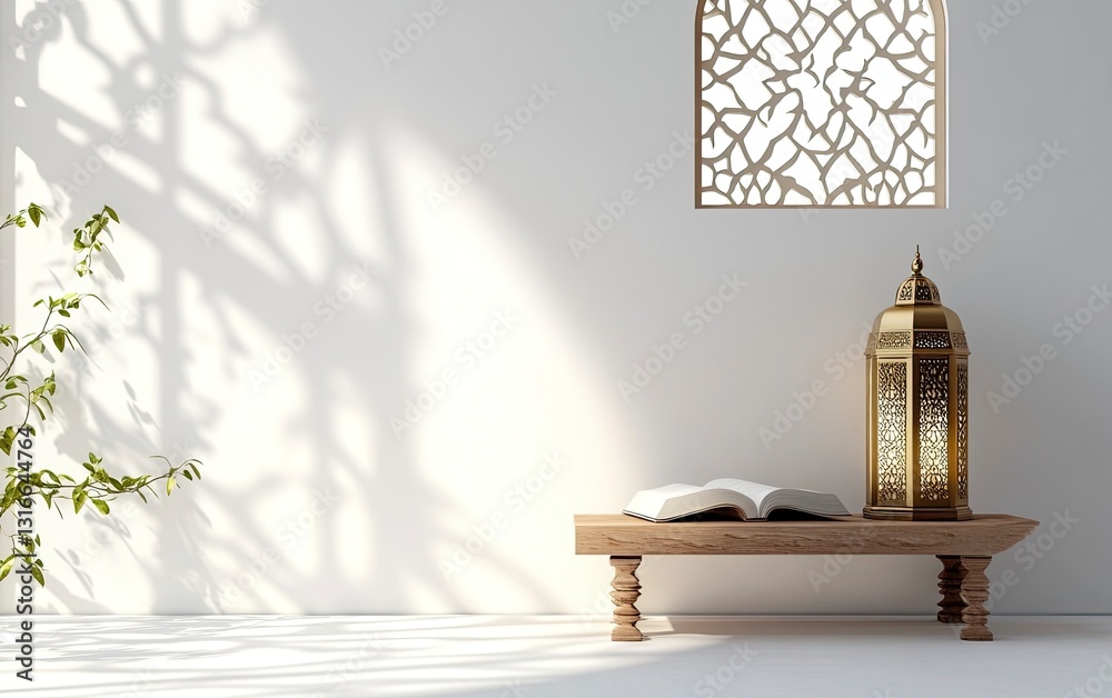 Poster 3d rendering of an islamic background with white space in the center, featuring a lantern and quran 