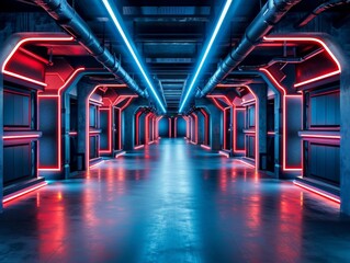 Futuristic Laser Tag Arena with Glowing Neon Lights and Perspective