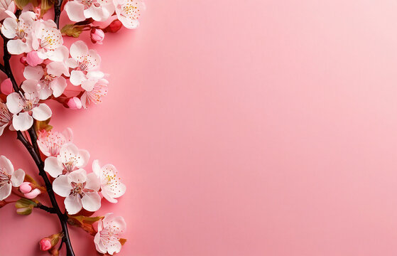 Fototapeta Cherry blossoms bloom against a soft pink background, reflecting the serene beauty of spring. With copy space, it’s perfect for cards, Mother’s Day, and weddings.