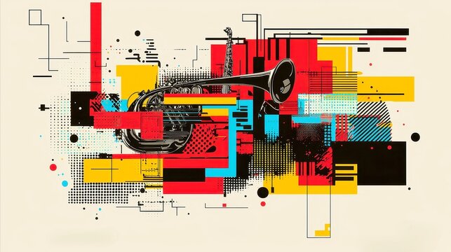 Mid-century jazz festival poster, vibrant design featuring playful typography, bold black outlines, simple colors, geometric style, cool neon-lit color palette reflecting pop art influences