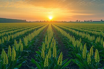 As the sun begins its ascent, painting the sky with hues of gold and rose, a vast field awakens to the dawn Rows upon rows of flowering plants stretch towards the horizon, their vibrant colors