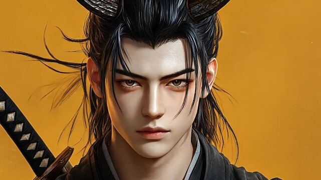Anime male figure with katana, gold background. Portrait. Stock photo