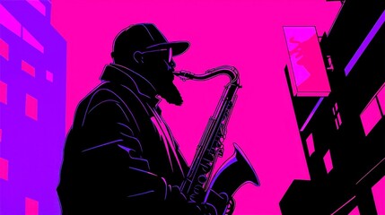 Soulful saxophonist under glowing streetlights, moody jazz night atmosphere, bold black outlines, simple solid colors, pop art inspired, cool neon-lit color palette, geometric style