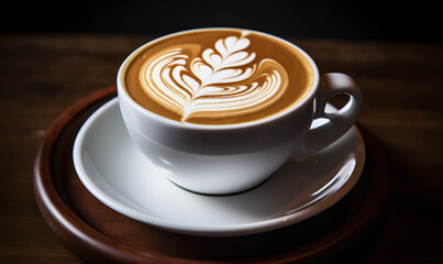 A white coffee cup with a brown swirl design on it sits on a wooden tray