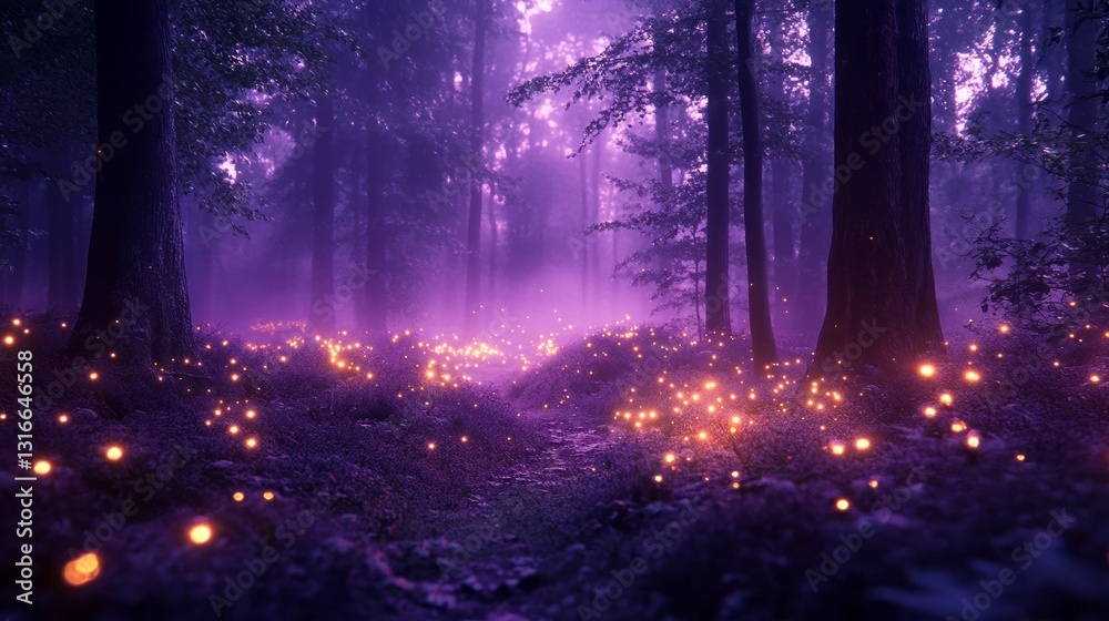 Poster a magical forest comes alive as countless fireflies sparkle amid lush greenery, casting a soft, ench