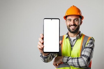 Construction worker in safety gear holding smartphone with empty screen on light background. Concept of advertising, branding, or presentation. Ai generative