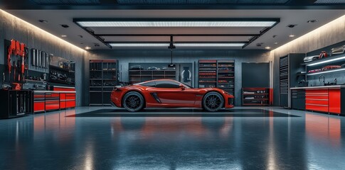 A luxurious and fully equipped garage with a red sports car inside