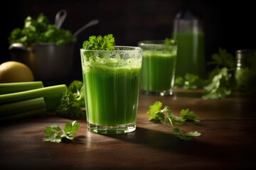 Fototapeta premium A glass of green juice with parsley on top sits on a table