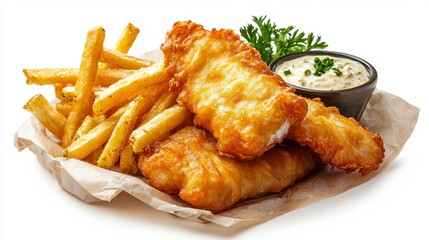 Dive into a classic culinary delight with this exquisite image of crispy fish and chips, perfectly complemented by a creamy tartar sauce The golden-brown, flaky fish tantalizes the taste buds