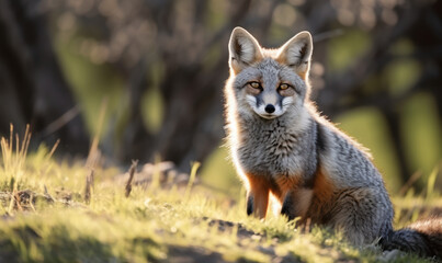 Naklejka premium A fox is sitting on the grass and looking at the camera