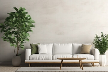 A white couch sits in front of a wall with a plant and a vase