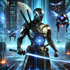 Neon Futuristic Samurai Warrior – Cyberpunk Style Illustration at blue abstract background