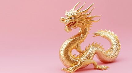 Obraz premium Golden Dragon Statue on Pink Background, Showcasing a Luxurious and Mythical Design. Exquisite Craftsmanship with Detailed Scales and Majestic Presence.