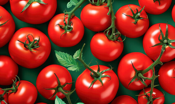 A close up of many red tomatoes with green leaves in the background