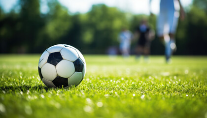 Fototapeta premium A soccer ball is sitting on a green field