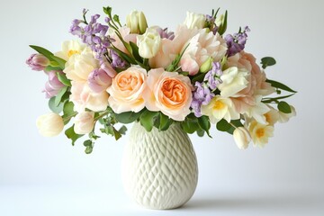 A beautiful bouquet of pastel roses, tulips, daffodils, and stock in a textured vase.