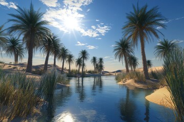 Fototapeta premium Desert oasis with palm trees and a clear pool