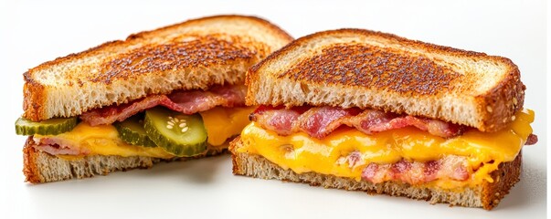 Golden-brown perfection Two grilled cheese sandwiches boast crispy bacon, tangy pickles, and melted cheddar Each sandwich showcases toasted bread, oozing cheese, and enticing bacon strips Dill pickle