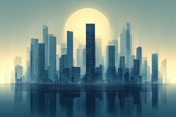 Obraz premium Stylized cityscape reflected in calm water under a large sun, evoking serenity and urban beauty.