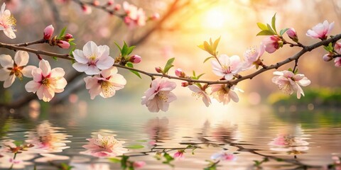 Serene Spring Blossom Branch Reflected in Tranquil Water at Sunset