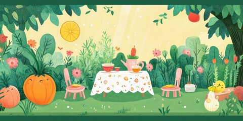 Naklejka premium A vibrant whimsical garden scene with afternoon tea arrangement
