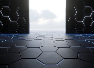 Fototapeta premium 3d rendering of black hexagon floor with light in the background. An empty room with black walls and floor, futuristic style. The ground is covered by dark grey honeycomb pattern floor. Blue glowing 