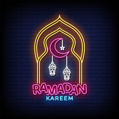 ramadan kareem neon sign with brick wall background vector