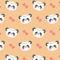 Playful panda bear seamless pattern, vector illustration with hearts for children's fabric and gift wrap
