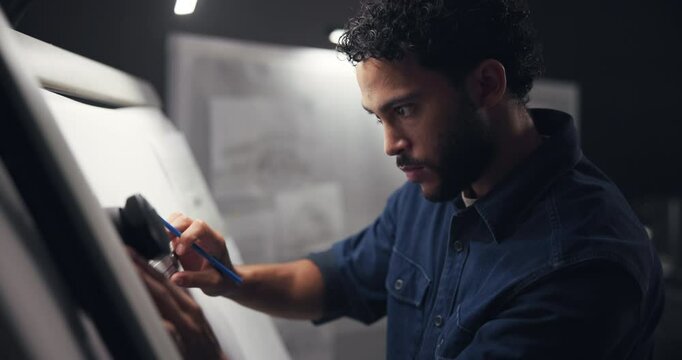Drawing, night and man in studio for creative project with deadline for startup, business or visual design. Planning, blueprint and male architect sketching with product prototype in office.