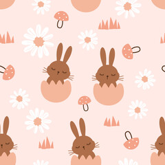 Easter seamless pattern with bunny rabbit cartoons, egg shells, daisy flower and mushroom on pink background vector.