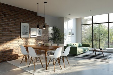 Fototapeta premium Modern dining room with brick wall, large window, and green sofa.
