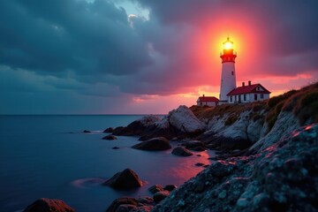 Ancient light source shining brightly on the rocky shore, lighthouse, illuminated