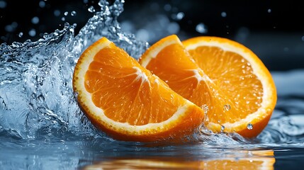 Two orange slices splashing in water.