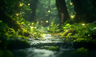 Fototapeta premium Serene Forest Stream with Glowing Butterflies and Lush Greenery