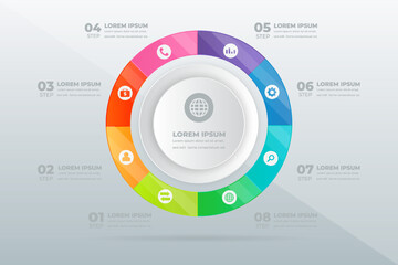 Fototapeta premium Eight-step process infographic; circular design; grey background; business planning