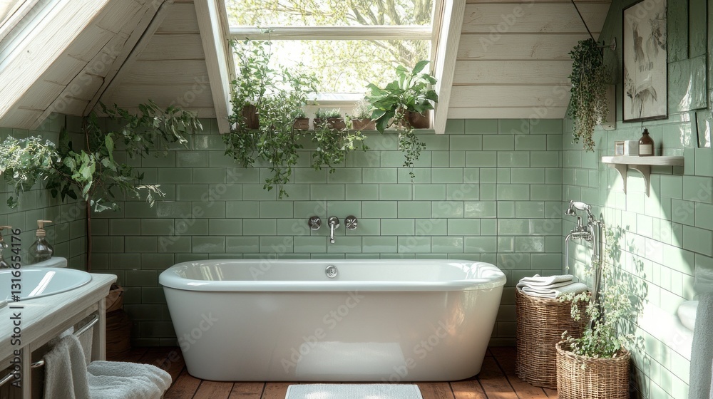 Poster an inviting attic bathroom features a sleek white bathtub surrounded by lush plants while sunlight s