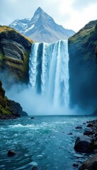 A waterfall creates a veil of spray in front of a mountain, water, force