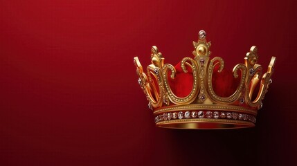 Fototapeta premium A majestic golden crown gleams against a luxurious red background, symbolizing power, prestige, and timeless elegance.